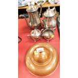 A M & R silver plated four piece tea service, and a copper jar. (5)