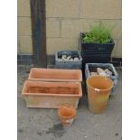 Various planters, to include two rectangular terracotta planters, two stone effect square planters,