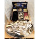 Various silver plated wares, to include a silver plated cruet set, cased fish serving set, loose cut