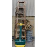 Various garden wares, to include two wooden step ladders, mesh wiring, seed spreader, rope, etc. (a