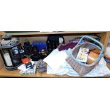 A group of collectables, to include treen, candle stands, car cleaning kit, wicker basket, cushion c