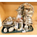 A group of silver plated wares, to include a New Holland Happy Retirement silver plated salver, a pa