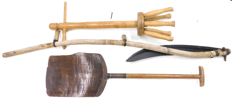 A collection of items, to include malt shovel with elm ash and metal malt shovel, a turned ash washi