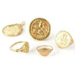A group of sovereign type jewellery, to include mainly imitation set 9ct gold dress rings and a 9ct