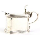 A George IV canted rectangular silver mustard pot, with shaped handle and blue glass liner and assoc