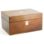 A Victorian rosewood workbox, the hinged lid with a vacant mother of pearl cartouche, 31cm wide. (A