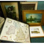 Various pictures, prints, etc., to include map of Great Britain in wrought iron frame, print of Sout