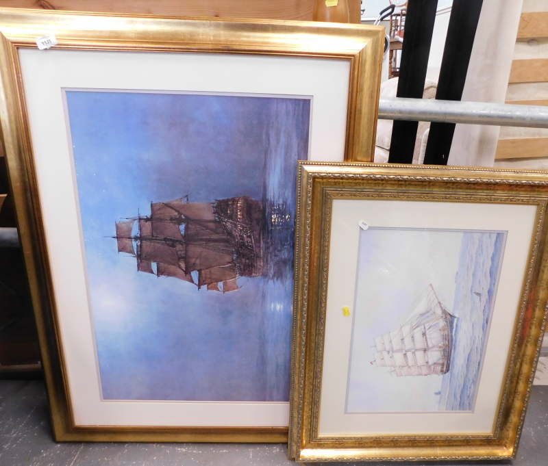 Michael Barton. Ship on Calm Waters, print, in gilt frame, 48cm x 33cm, and another boat print.