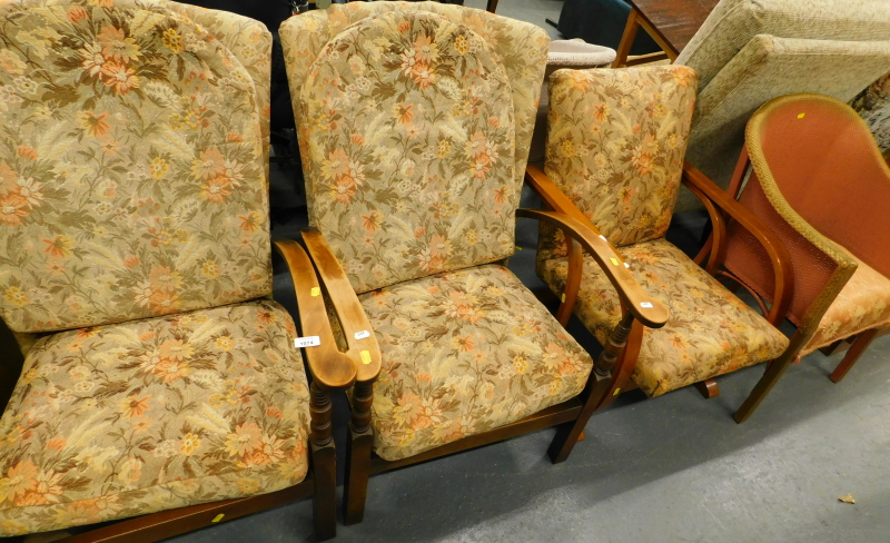 Various chairs, to include a pair of armchairs with floral upholstered seats, Lloyd Loom style tub c