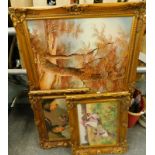 I.?, Woodland and lake scene, oil on canvas, in a gilt frame, and two prints. (3)