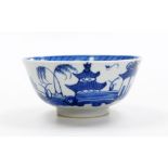 An early 19thC Chinese blue and white bowl, with buildings and fishing scenes, unmarked, 12.5cm diam