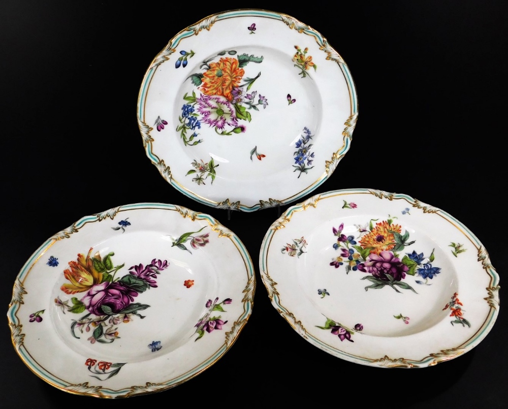 A 19thC continental porcelain part dinner service, each piece profusely decorated with handpainted f - Bild 2 aus 15