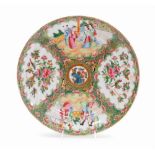 A late 19thC Cantonese famille rose porcelain plate, with four panels depicting figures, flowers and