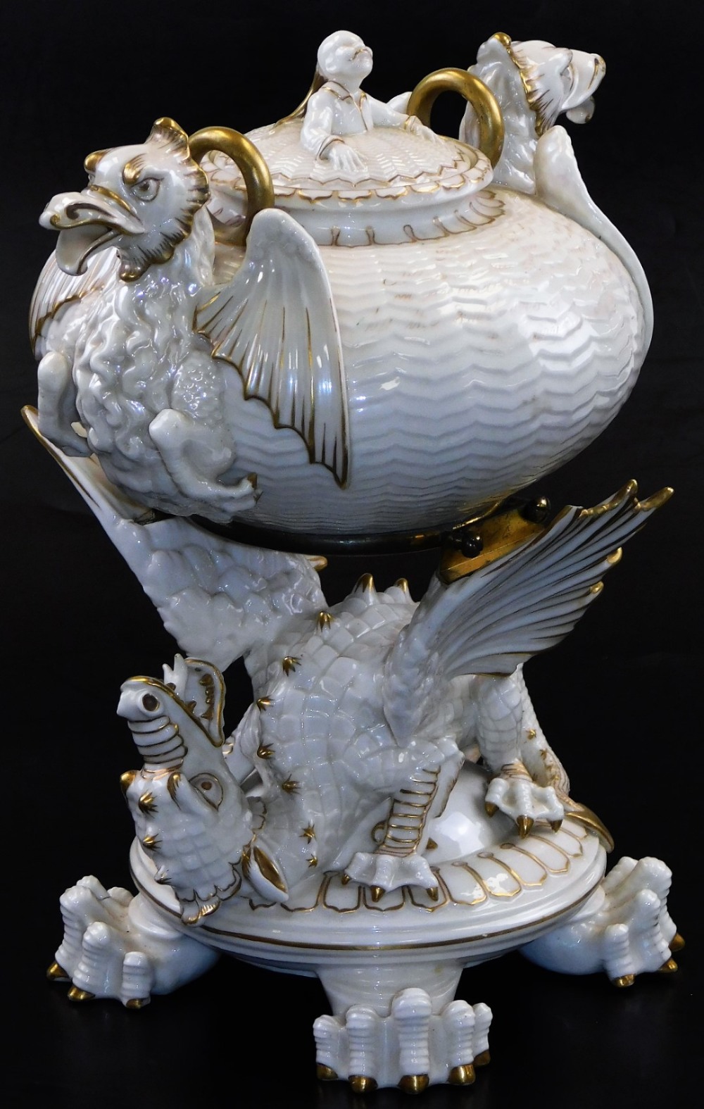 A second period Belleek Dragon tea kettle, cover and stand, second period black mark, 1891-1926, dec