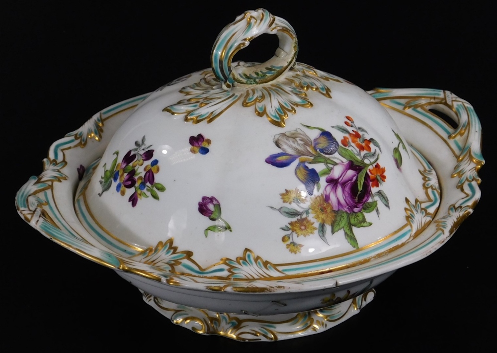 A 19thC continental porcelain part dinner service, each piece profusely decorated with handpainted f - Bild 9 aus 15