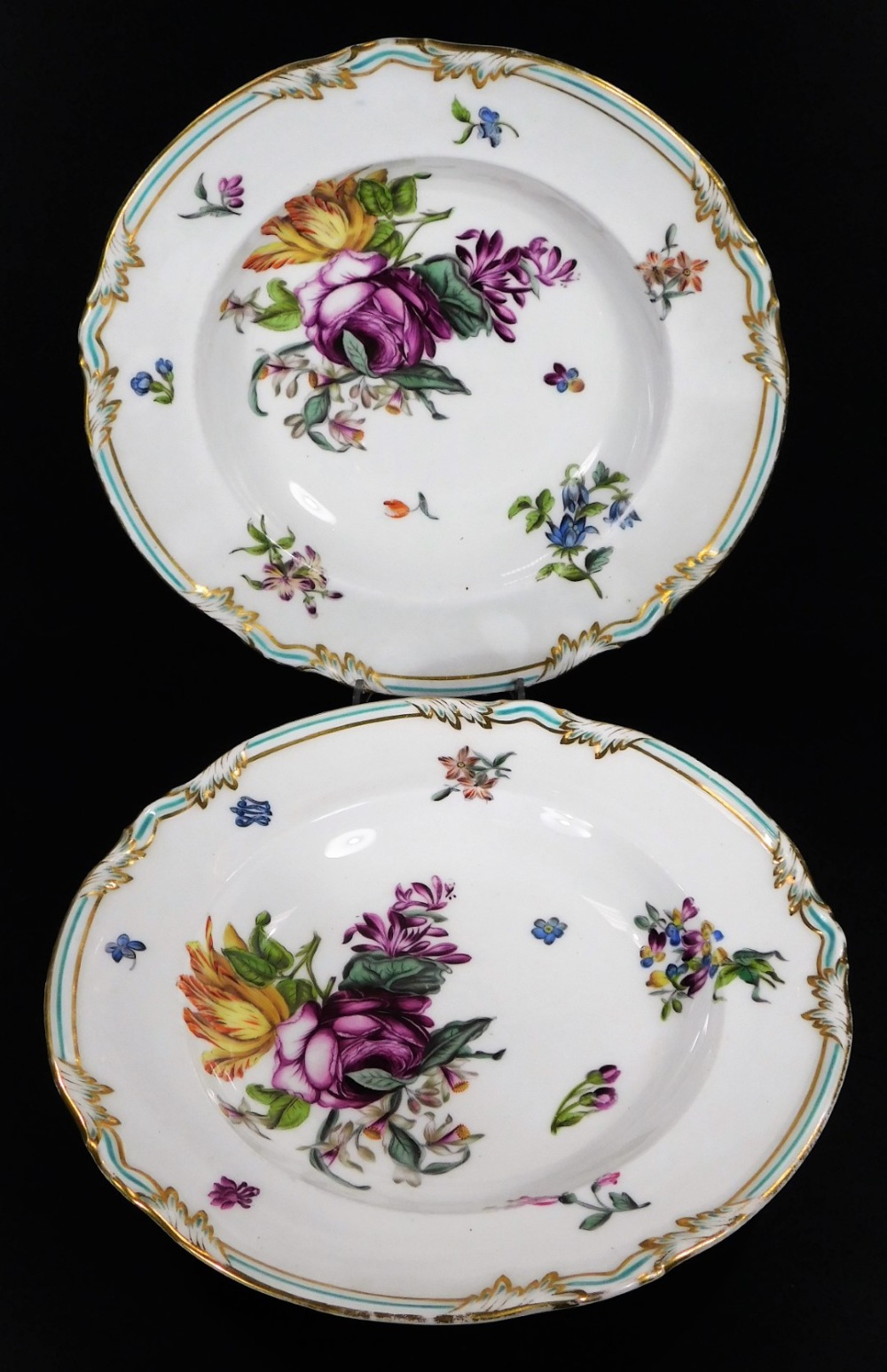 A 19thC continental porcelain part dinner service, each piece profusely decorated with handpainted f - Bild 3 aus 15