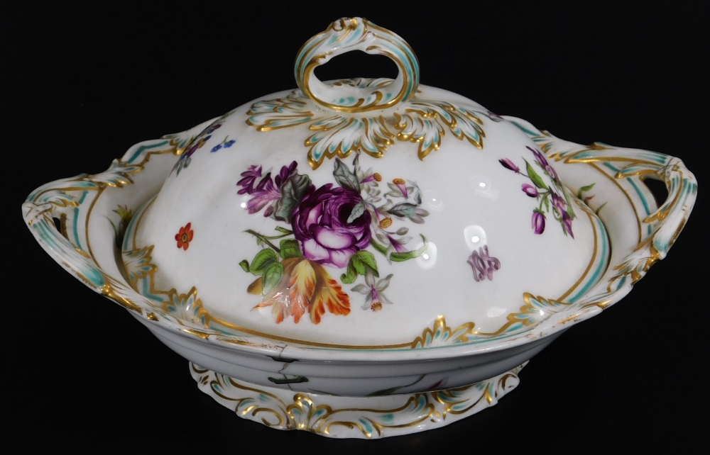 A 19thC continental porcelain part dinner service, each piece profusely decorated with handpainted f - Bild 13 aus 15