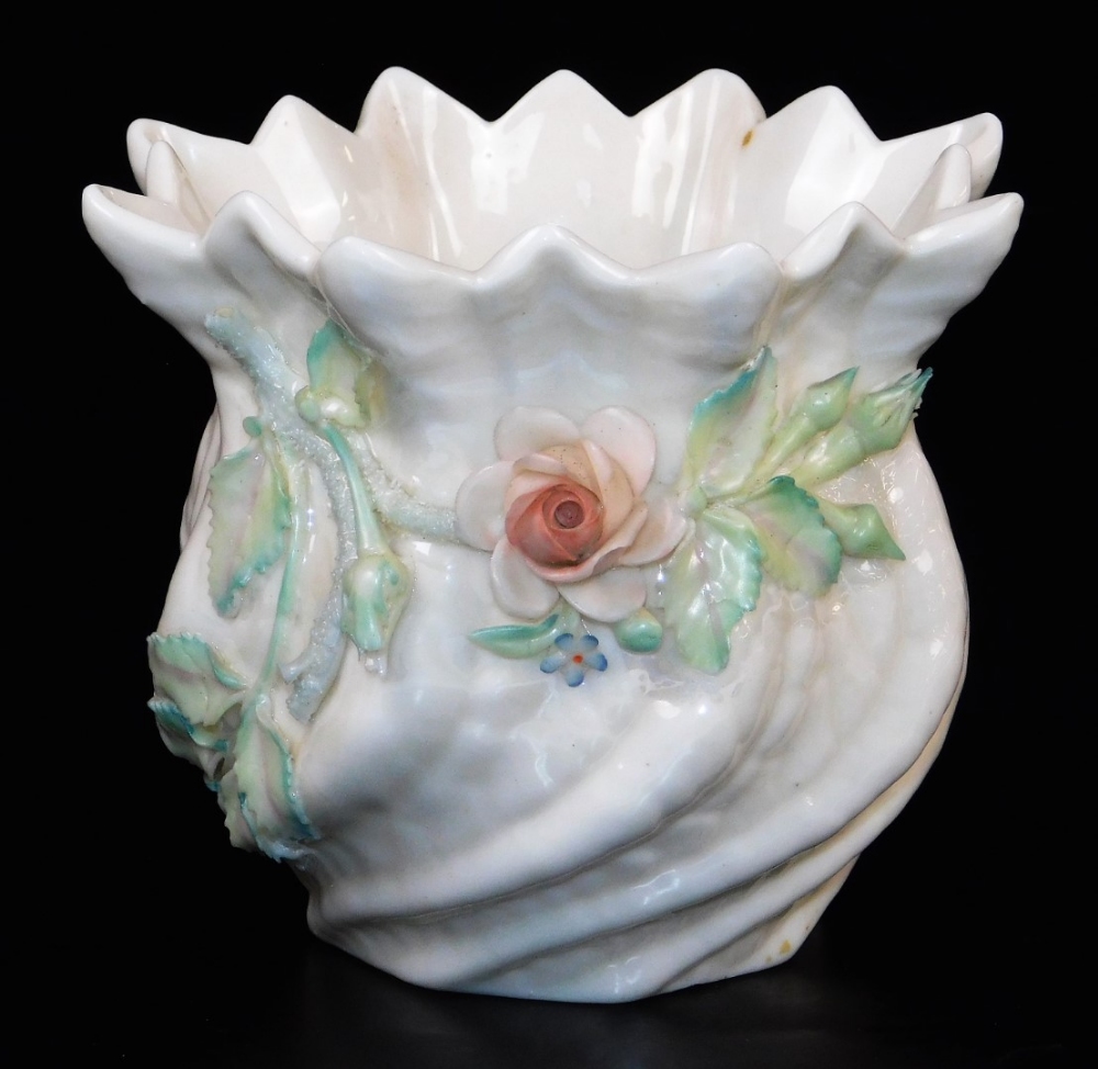 A Belleek flower pot, with applied coloured flowers, black Belleek mark third type 1891-1926, 10cm h