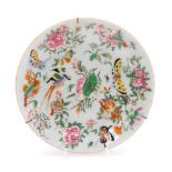 A late 19thC Cantonese famille rose porcelain plate, painted with birds, flowers and leaves, on a ce