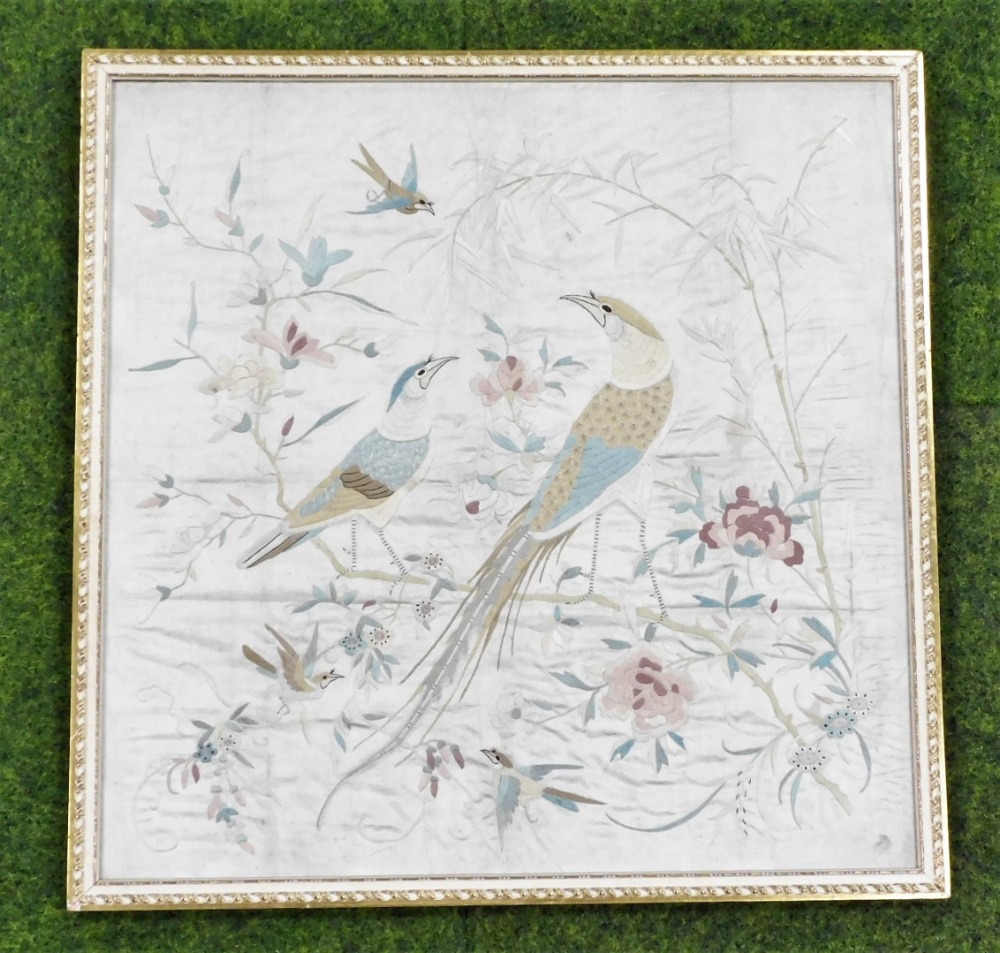 A late 19thC Chinese embroidered picture, of flowers and pheasant on a silk cream background, 82cm x - Bild 2 aus 2