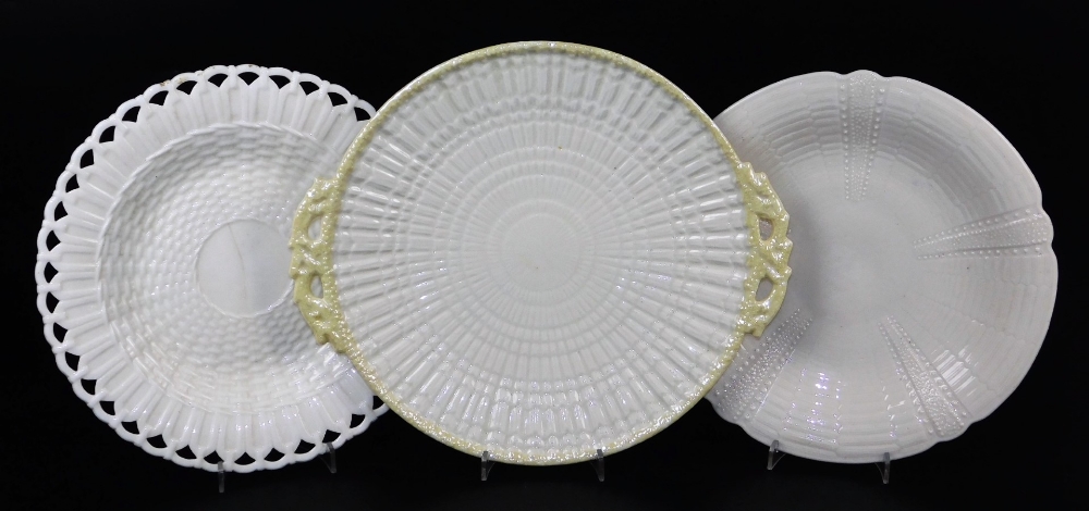 A second period Belleek Limpet bread plate, two handled, second period black mark, 28cm wide a Bell