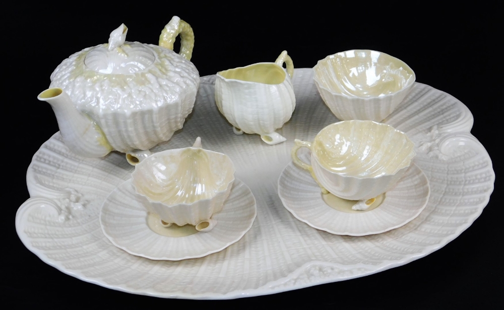 A rare Belleek complete cabaret set with tray, teapot and cover, creamer, sugar and two teacups and