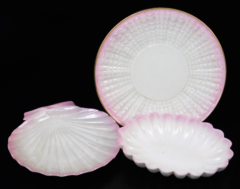 A second period black mark Belleek Tridacna , 20cm diameter, pink border plate with a pink bordered