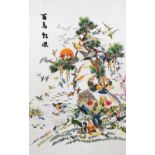 A Chinese silk embroidered picture, depicting a scene of various birds perched in a tree, by the riv