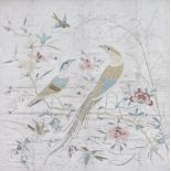 A late 19thC Chinese embroidered picture, of flowers and pheasant on a silk cream background, 82cm x
