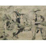 Jen Palmer (20thC). Musicians on a bench, pencil, signed, 221cm x 29cm, and another, musician smokin