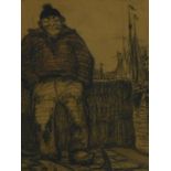 Railston Gibbs (1882-1970). Figure of a fisherman seated smoking pipe before masts, pencil, signed,