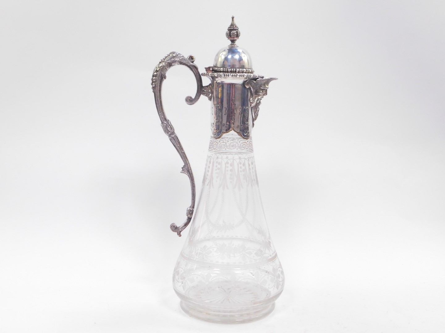 A Victorian cut glass silver plate mounted claret jug, with mask head spout and hinged lid, opening - Image 3 of 3