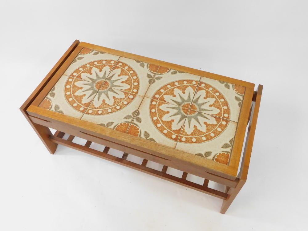 A 1960's tile top teak coffee table, possibly Danish, the top with eight tiles in a floral pattern, - Image 2 of 2