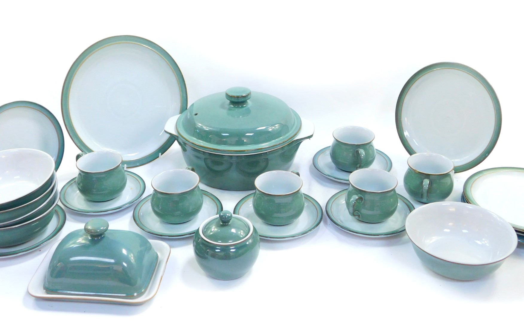 A group of Denby pottery decorated in the Regency Green pattern, comprising a tureen and cover, butt