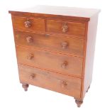 A Victorian mahogany chest, of two short over three long drawers, raised on turned feet, 110cm high,