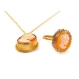 A 9ct gold and shell cameo ring, bust portrait of a lady, size P, and a 9ct gold and shell cameo pen