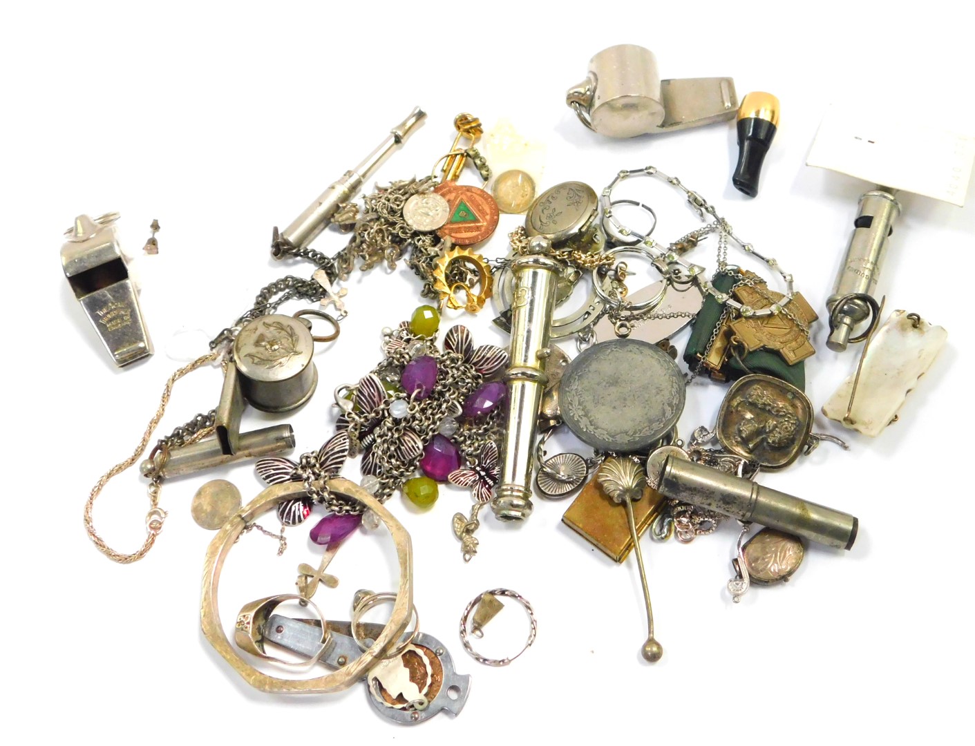 Silver and costume jewellery, including a bangle, charm bracelet, lockets, rings and earrings, toget