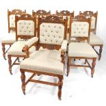 A set of eight Victorian oak dining chairs, with carved crest rails, button backs and over stuffed s
