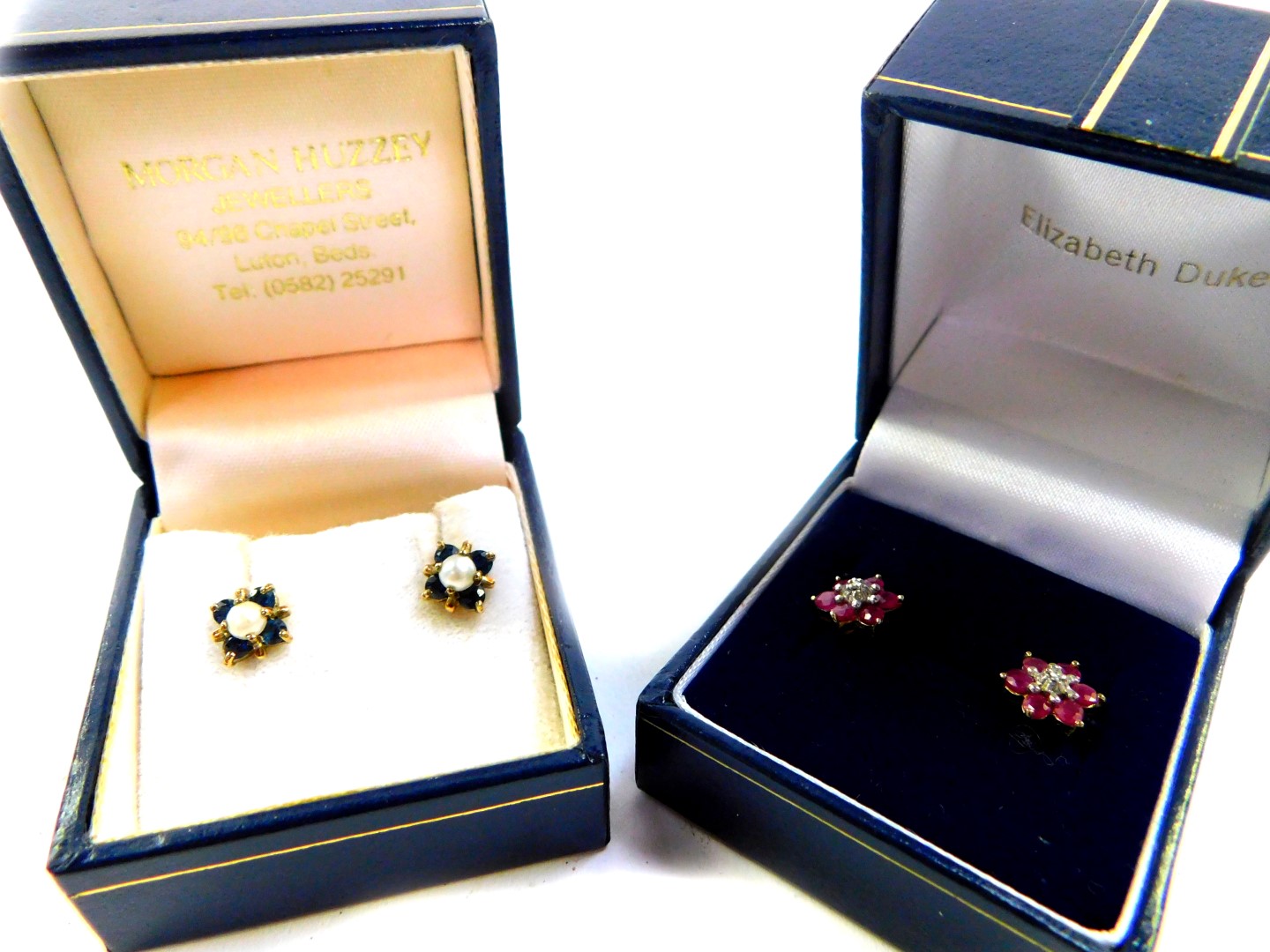 A pair of 9ct gold cultured pearl and sapphire floral earrings, together with a pair of 9ct gold rub