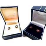A pair of 9ct gold cultured pearl and sapphire floral earrings, together with a pair of 9ct gold rub