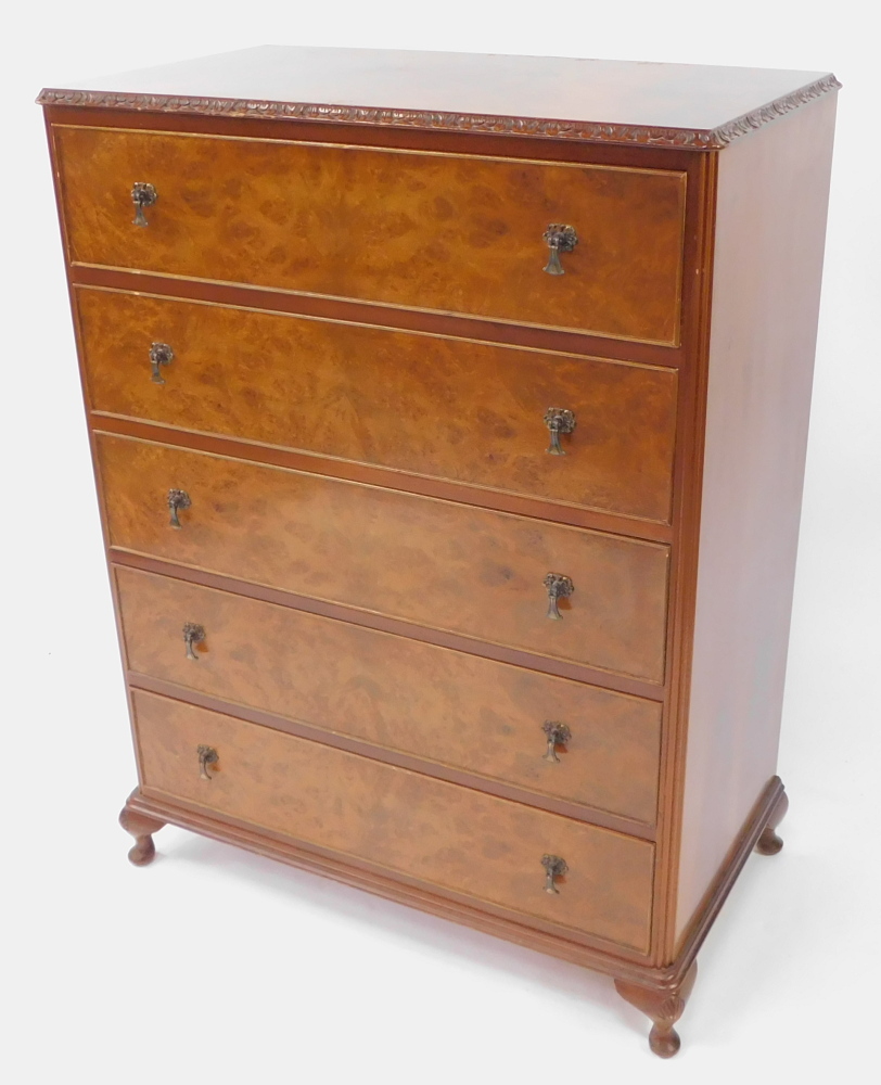 A mid century mahogany and burr walnut chest, of five long drawers, raised on cabriole legs, 113cm h - Image 2 of 4