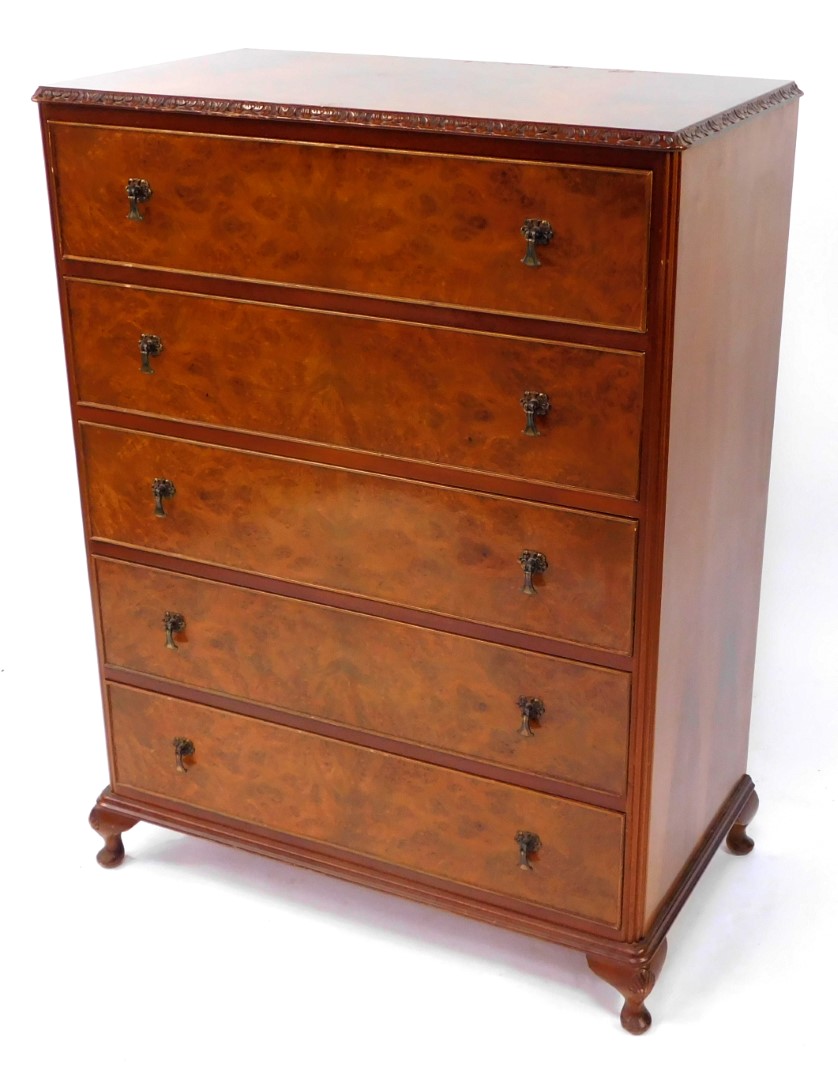 A mid century mahogany and burr walnut chest, of five long drawers, raised on cabriole legs, 113cm h