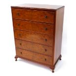 A mid century mahogany and burr walnut chest, of five long drawers, raised on cabriole legs, 113cm h