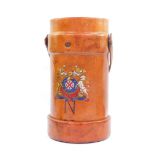A BH & G Limited early 20thC leather powder keg, No 73 1., showing an armorial to the front and lett