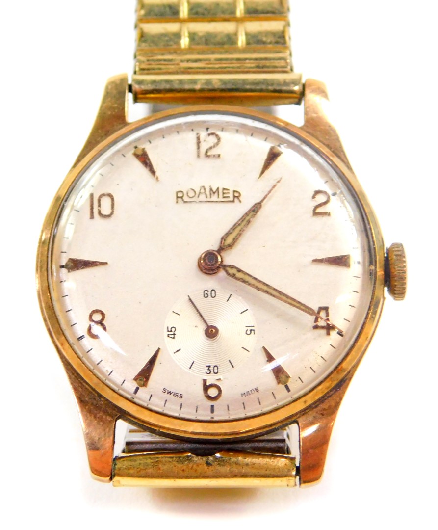 A Roamer gentleman's 9ct gold cased wristwatch, circular silvered dial bearing Arabic numerals at ev