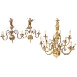 A 17thC style brass twelve branch chandelier, with four upper and eight lower arms, 87cm high, 78cm