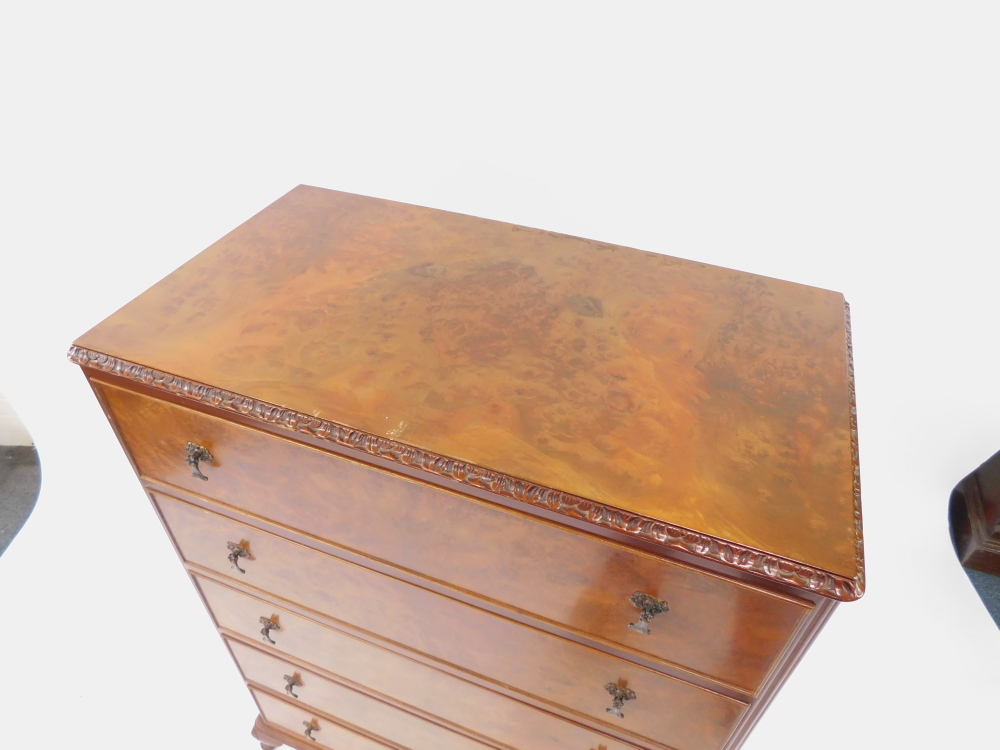 A mid century mahogany and burr walnut chest, of five long drawers, raised on cabriole legs, 113cm h - Image 3 of 4