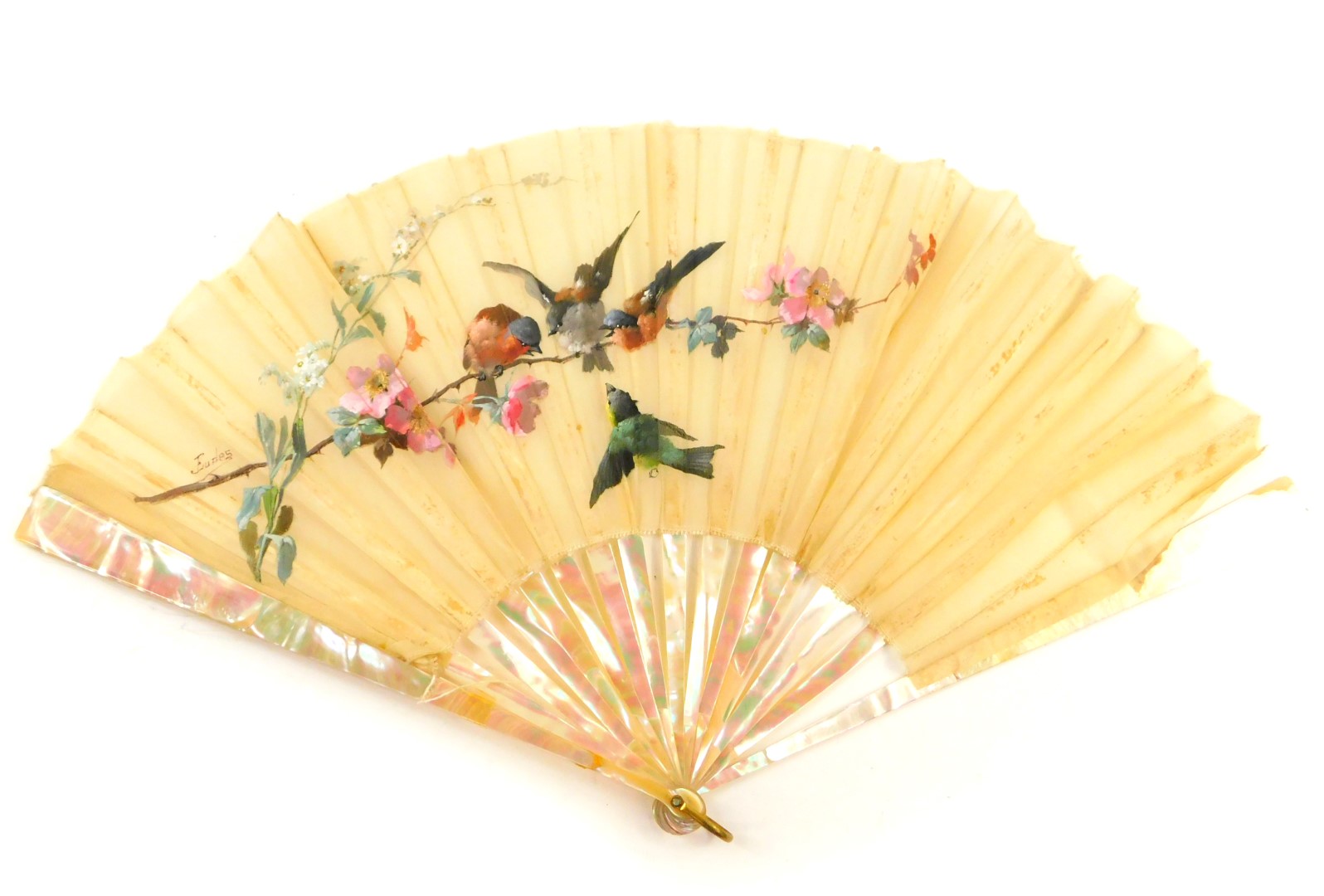 A Duvelleroy mother of pearl and painted gauze fan, signed Eudes, painted with birds on a wild rose