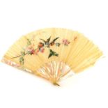 A Duvelleroy mother of pearl and painted gauze fan, signed Eudes, painted with birds on a wild rose