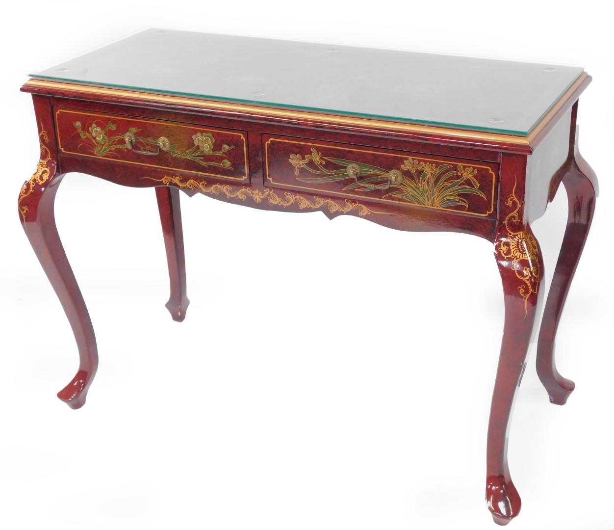 A Chinese painted red lacquer side table, decorated with flowers, with two frieze drawers raised on